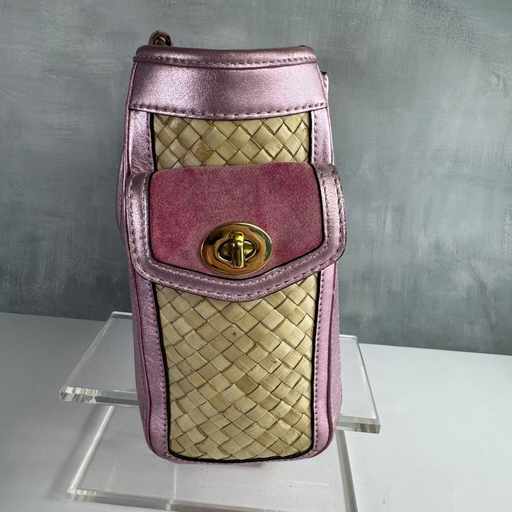 VTG Coach Straw Tote Women Pink Metallic Leather Suede Woven Basket Bag Y2K 4419 - Picture 14 of 15